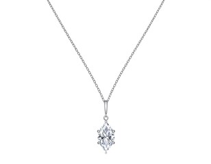 An elegant, sophisticated necklace with a marquise-cut gemstone pendant, silver chain, and clasp