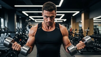 Muscular man lifting dumbbells in a gym, focused on his workout.