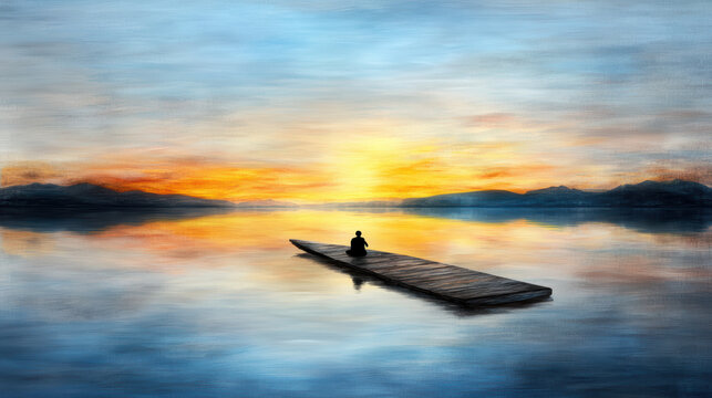 Silhouette on wooden dock sunset calm lake reflection peaceful solitude