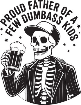Skeletal Father&rsquo;s Pride: An artistic depiction of a skeleton figure in a cap and coat holding a mug of beer, with a celebratory message. 