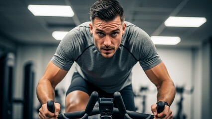 Determined man working out on exercise bike at the gym.