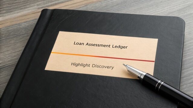 Loan Assessment Ledger on Wooden Table with Black Pen for Financial Tracking and Business Management