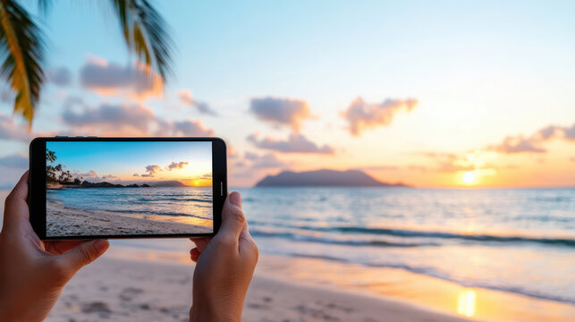 Sunset beach landscape smartphone ocean hands capturing calm evening