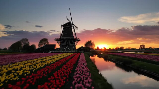 Old windmill in colorful tulip field at sunset sky and water reflection