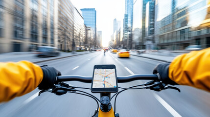 City bike courier navigating urban street with map app guiding route, dynamic motion