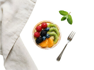 Deliciously Colorful Fruit Tart with Fresh Berries, Kiwi, and Citrus Fruits Presented on a Minimalist White Background