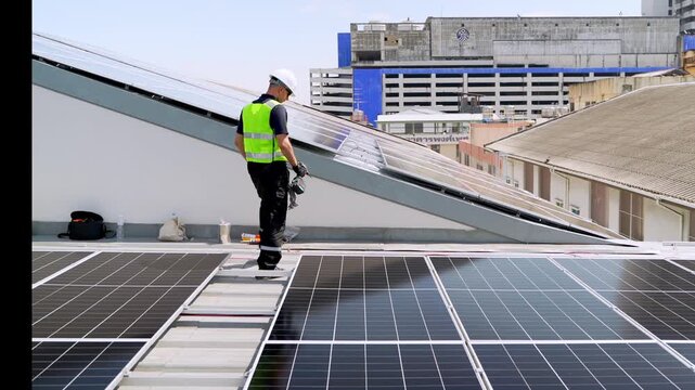 Professional who installs solar energy systems,  procuring equipment, and performing the physical installation of solar panels on roofs. 