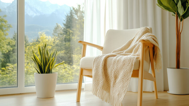 Cozy armchair knit blanket plant near window with mountain view softly lit