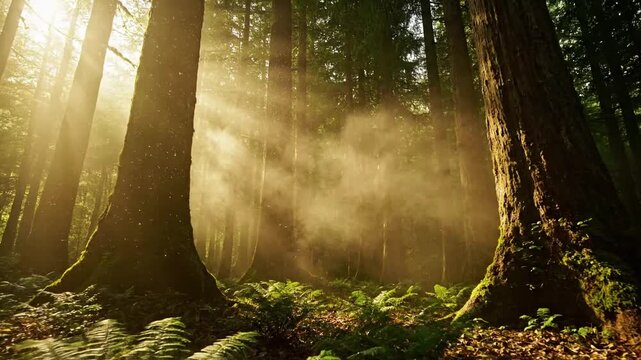 A tranquil, serene view of a sun dappled, fog laden forest interior, showcasing the natural beauty. Convey a profound sense of peace and undisturbed natural beauty, with soft, diffused light?