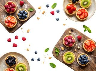 Deliciously Colorful Fruit Tarts Displayed Artistically on Wooden Platters in a Vibrant Setting