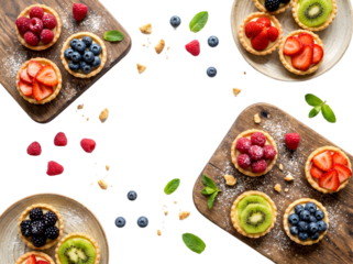 Deliciously Colorful Fruit Tarts Displayed Artistically on Wooden Platters in a Vibrant Setting