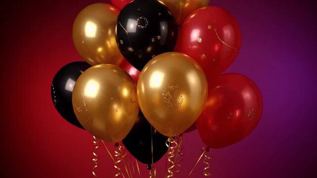 A Bunch of Gold Black and Red Balloons Filled with Confetti Against a Red Purple Gradient Background