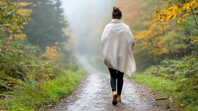 Woman wrapped shawl walking foggy forest trail in autumn