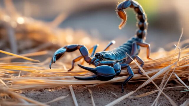 A detailed image of a scorpion posed amidst dry grass, with stinger raised