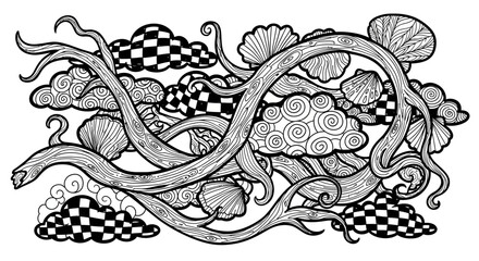 Abstract illustration of intertwining branches and whimsical clouds with patterns and shapes