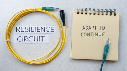 Yellow cable and notepad with motivational text on adaptation and resilience, representing technology and innovation themes
