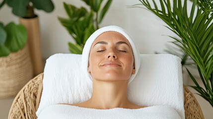 Relaxed woman lying on spa bed with towel headband, peaceful expression
