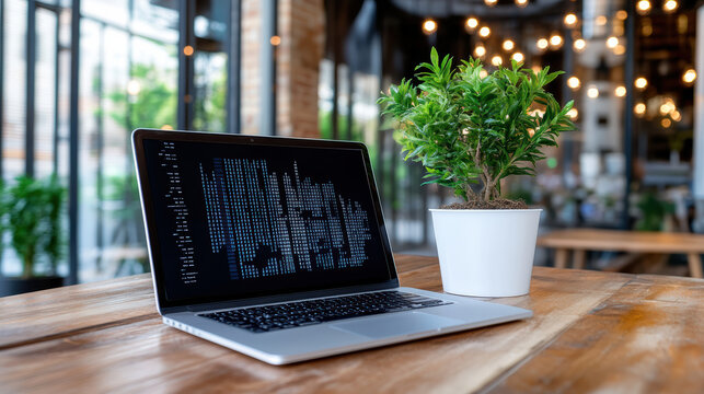Modern laptop with code on screen and potted plant on wooden table in cozy workspace
