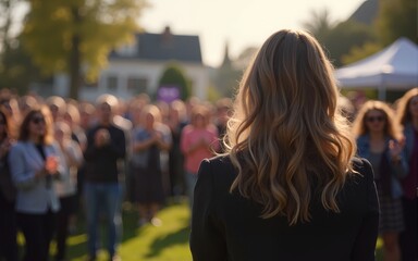 100 People applauding to a public speech given outdoors in the village - Shot from the back during an alternative political gathering. High quality