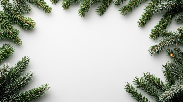 Frosted pine branch evergreen winter snowy border seasonal holiday fir conifer green cold - Powered by Adobe