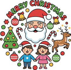 Cute vector cartoon illustration arranged in a circular wreath shape featuring Santa Claus, happy children, a reindeer, and a Christmas tree under colorful 