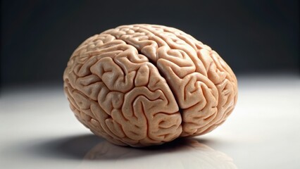 A realistic human brain displayed against a dark background, showcasing intricate details and textures.