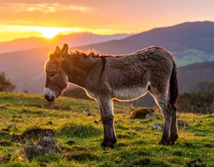 An adorable donkey, silhouetted by a golden sunset, stands on a grassy hillside
