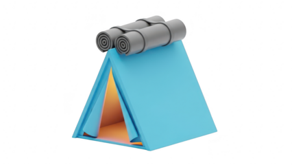 Minimalist 3d rendering of a bright blue camping tent with rolled sleeping mats on top, isolated on transparent background