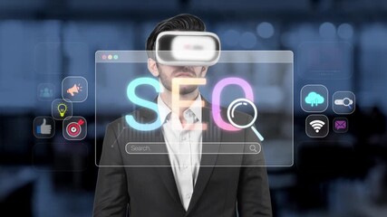 A businessman engages with virtual reality technology, exploring SEO concepts in a modern office environment, highlighting innovation in digital marketing strategies. Raster - Powered by Adobe