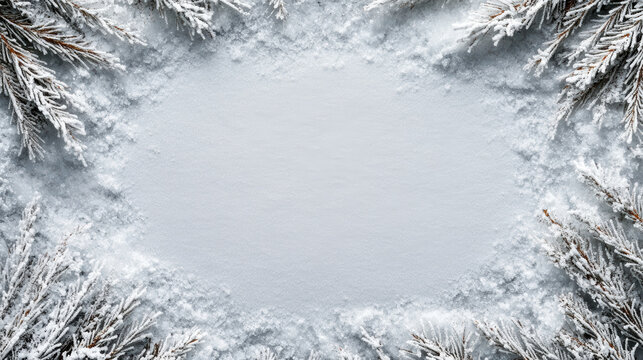 Snow pine branch snowflake frame serene winter scene with soft cyan glow - Powered by Adobe