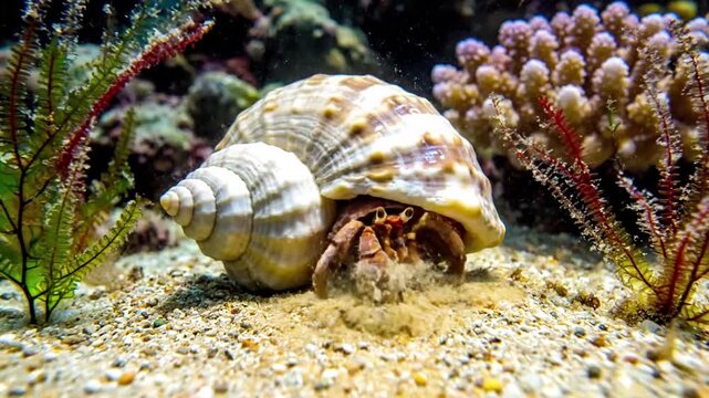 A small, active hermit crab cautiously emerging from its borrowed gastropod shell, exploring the sandy substrate of a shallow tide pool with its antennae.