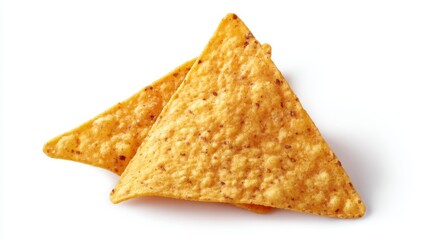 Two golden yellow tortilla chips sit atop each other showcasing their crispy texture. Ideal for dipping in salsa or guacamole these snacks are perfect for parties.