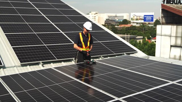 Professional who installs solar energy systems,  procuring equipment, and performing the physical installation of solar panels on roofs. 