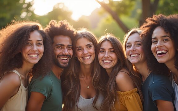 Diverse group of friends gathering outdoors while expressing unity and happiness. High quality