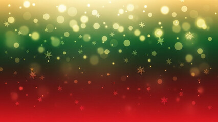 Festive christmas and holiday background with golden, green, and red gradient, soft bokeh lights, and delicate snowflakes creating a magical winter scene.