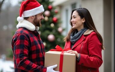 Male and female volunteers gathering holiday donate for christmas charity. High quality