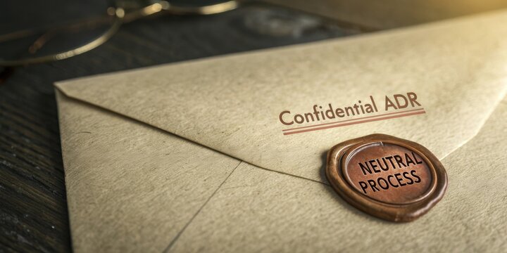 Vintage envelope with wax seal, branded 'Confidential ADR', resting on a wooden surface with glasses in the background
