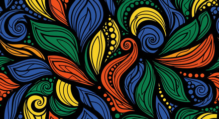 Colorful abstract floral pattern with swirling leaves and vibrant colors on a black background