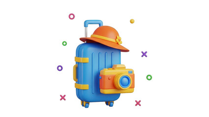 Fototapeta premium Cute 3d illustration of a blue travel suitcase with an orange sun hat and a yellow camera, isolated on transparent background