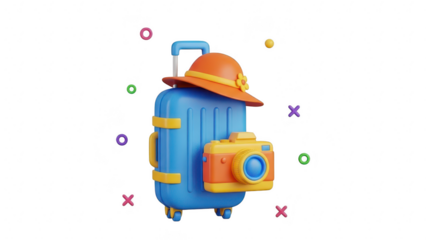 Cute 3d illustration of a blue travel suitcase with an orange sun hat and a yellow camera, isolated on transparent background