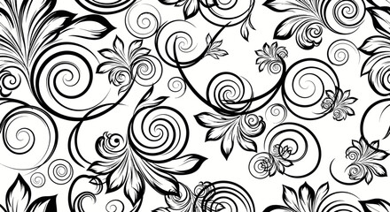 Elegant black and white floral pattern with swirling vines and detailed blossoms on a light background
