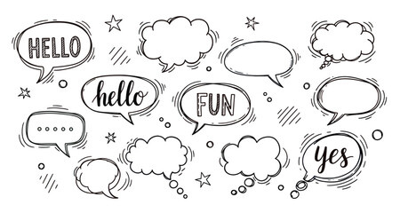 Hand drawn speech bubbles with words hello fun and yes