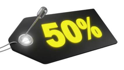 Black price tag with bright yellow text showing a fifty percent discount, isolated on transparent background