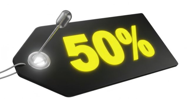 Black price tag with bright yellow text showing a fifty percent discount, isolated on transparent background