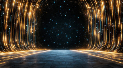 Golden light tunnel glittering futuristic stage with starry void, dramatic mood