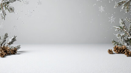 Snow branch pinecone snowflake minimal winter scene with soft falling snow