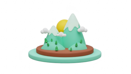 Cute 3d cartoon mountain landscape with snow cap, small tree, sun, and cloud isolated on transparent background