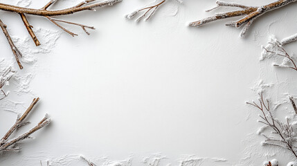 Pure snow white minimal winter look with subtle frosted branches and serene negative space
