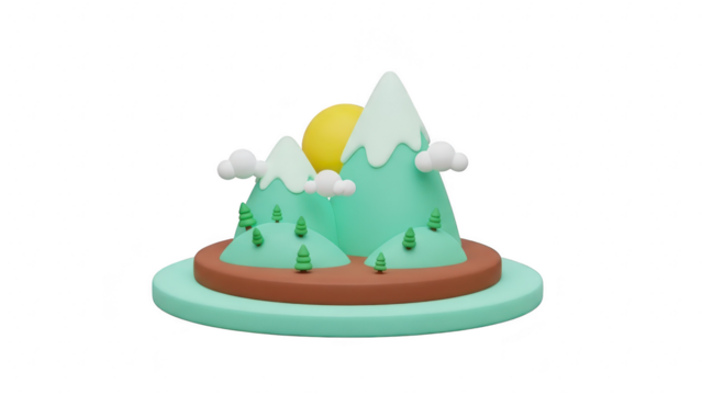 Cute 3d cartoon mountain landscape with snow cap, small tree, sun, and cloud isolated on transparent background - Powered by Adobe