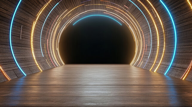 Neon tunnel wooden floor futuristic corridor glowing arch lights ambient